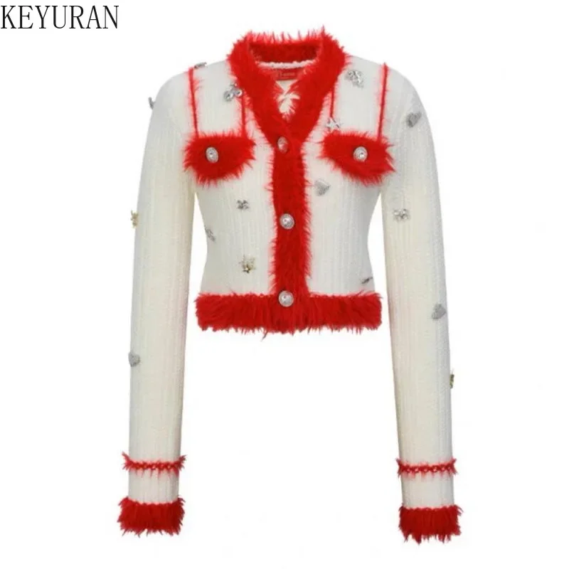 

Осенний вязаный кардиган контрастного цвета с бриллиантами, женский свитер, пальто, шикарный трикотаж с v-образным вырезом и длинными рукавами, укороченный топ, куртка Mujer, джемпер