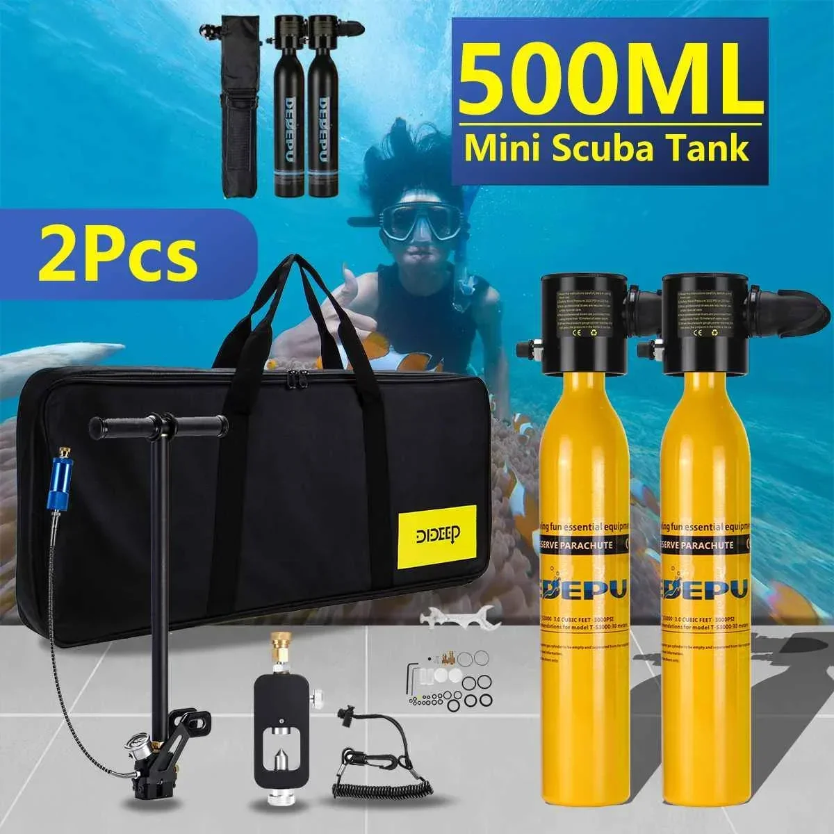 2PCS 500ML Scuba Diving Tank Mini Oxygen Cylinder Set Hand Pump Underwater Snorkeling Diving Equipment Pump Tool Set