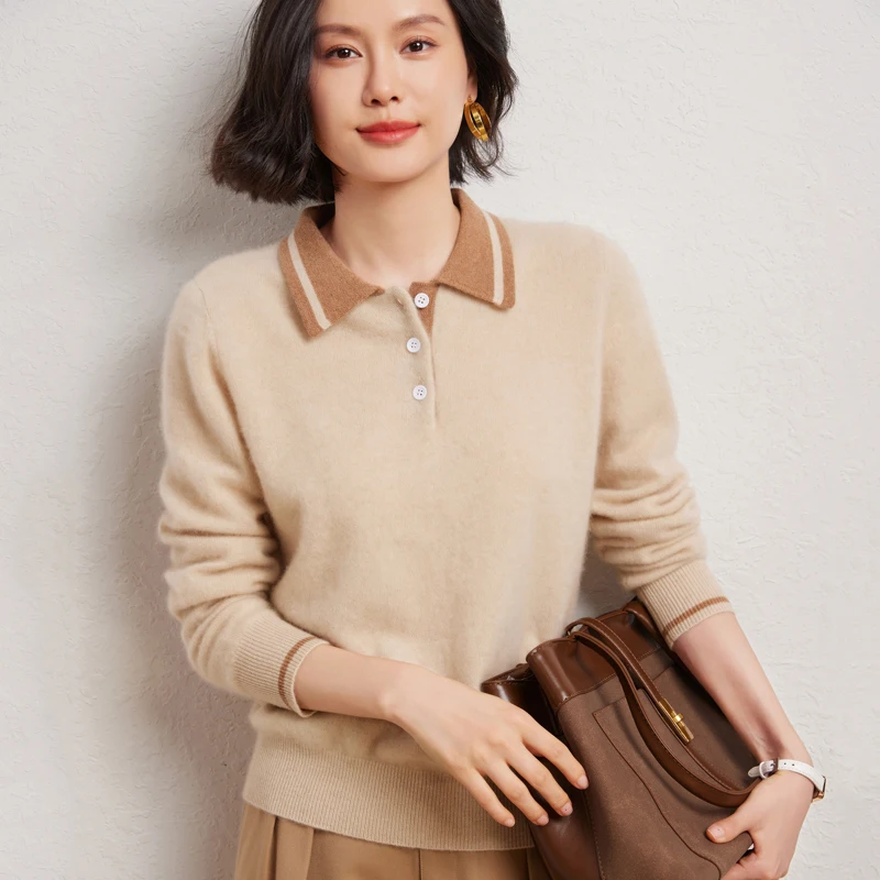 Women's Contrast Color Polo Collar Pullover 30% Cashmere 70% Wool Sweater Autumn Winter Cashmere  Bottoming Clothing Soft Top