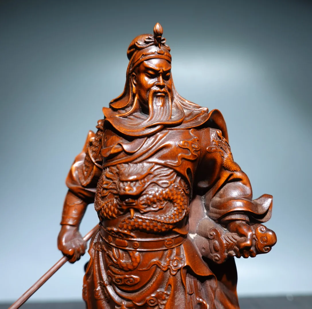 Chinese natural boxwood wood carving exquisite engraving Guan Gong guardian desk decoration home furnishings