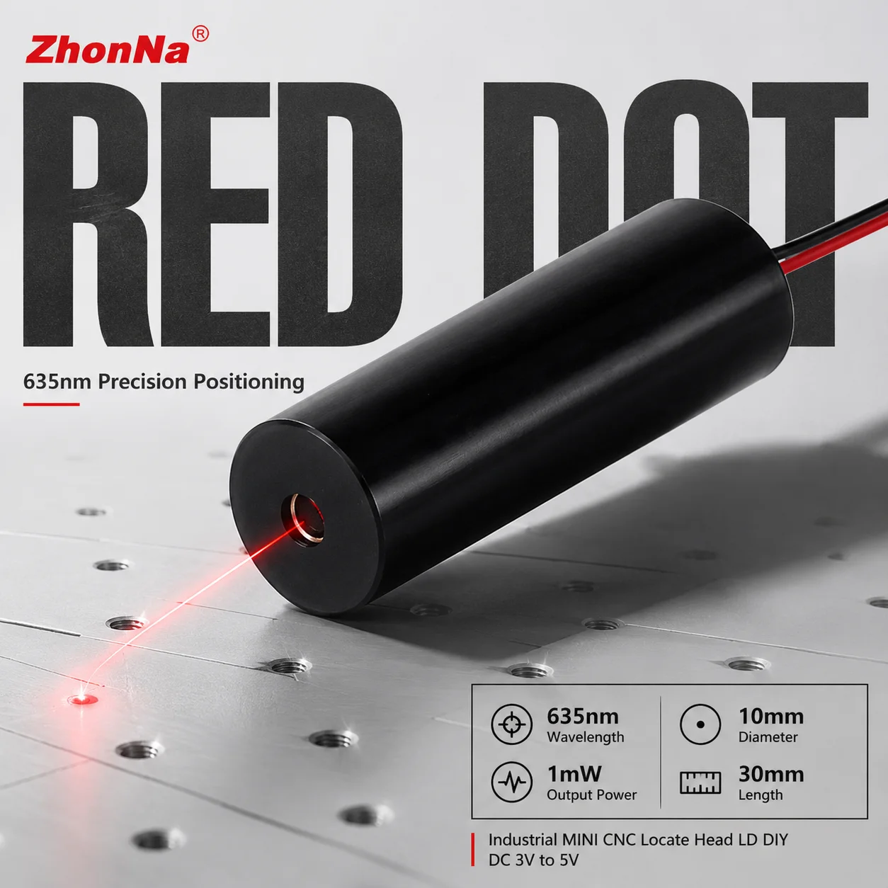 ZhonNa 635nm 1mW Red Laser Module Dot 10x30mm Aluminum Shell DC3-5V Industrial CNC Positioning Indicator Light Professional Lamp