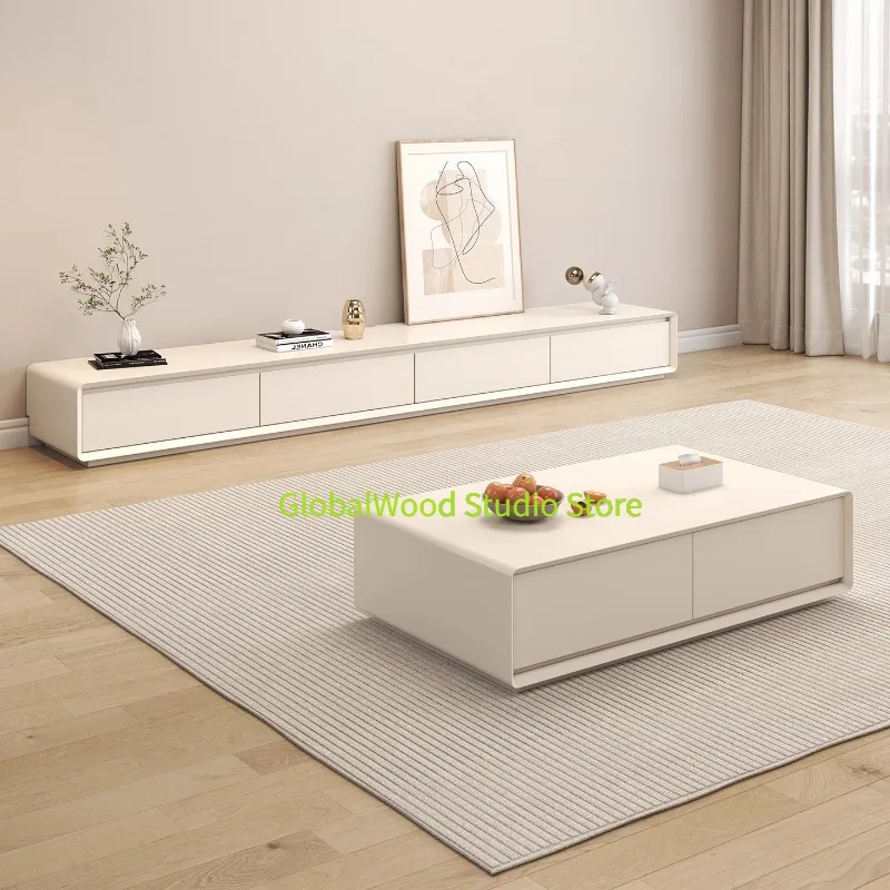 

Nordic Cream Style Milk White Solid Wood TV Cabinet Coffee Table Set Modern Minimalist Floor-standing Minimalist Cabinet