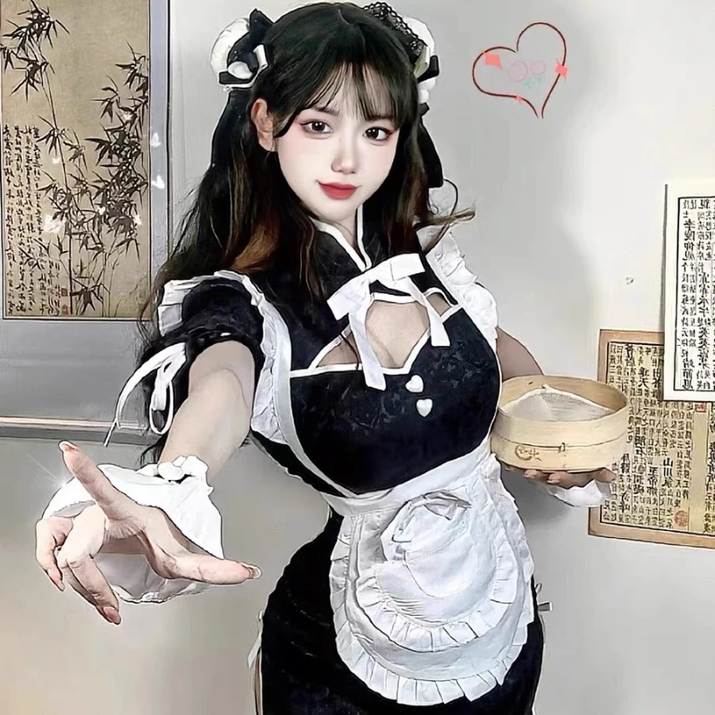 Populair Nieuw Cosplay Kostuum Nationale Stijl Cheongsam Japans Meisje Uniform Meid Schattige Vlinder Coffeeshop Cosplay Kostuum