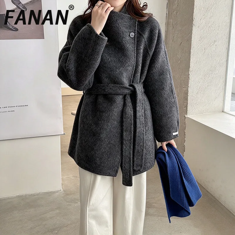 FANAN Korean Style Women Short 100% Woolen Coat Stand Collar Belted Waist Loose Fit Winter Elegant Wrap Ladies Outerwear