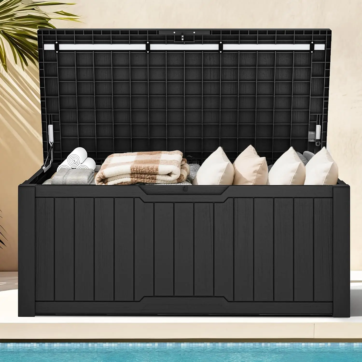 

120 Gallon Large Deck Box, Outdoor Lockable Storage Bin for Gardening Tools, Patio Cushions, Waterproof and UV Resistant Resin