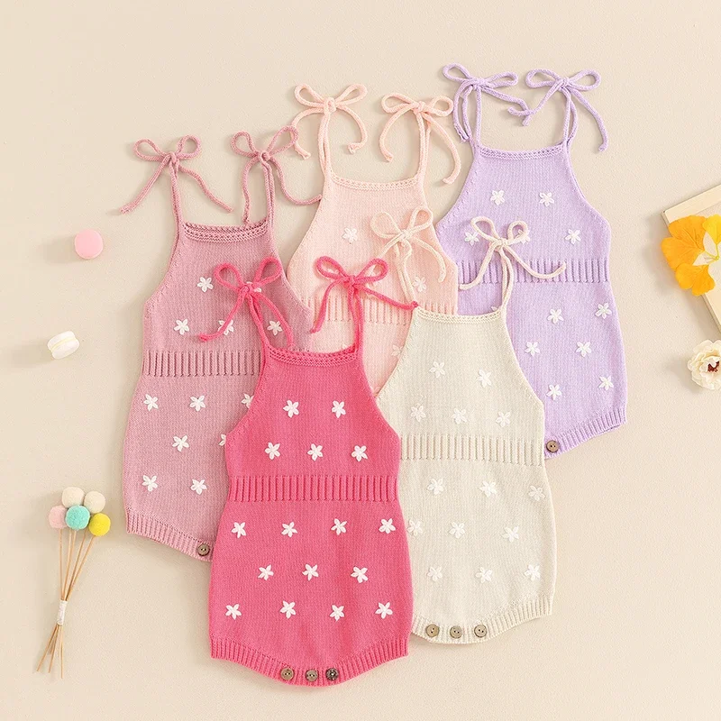 

0-18M Newborn Baby Girl Summer Romper Sleeveless Spaghetti Strap Knit Floral Embroidery Bodysuit Jumpsuit Fashion Cute Outfit