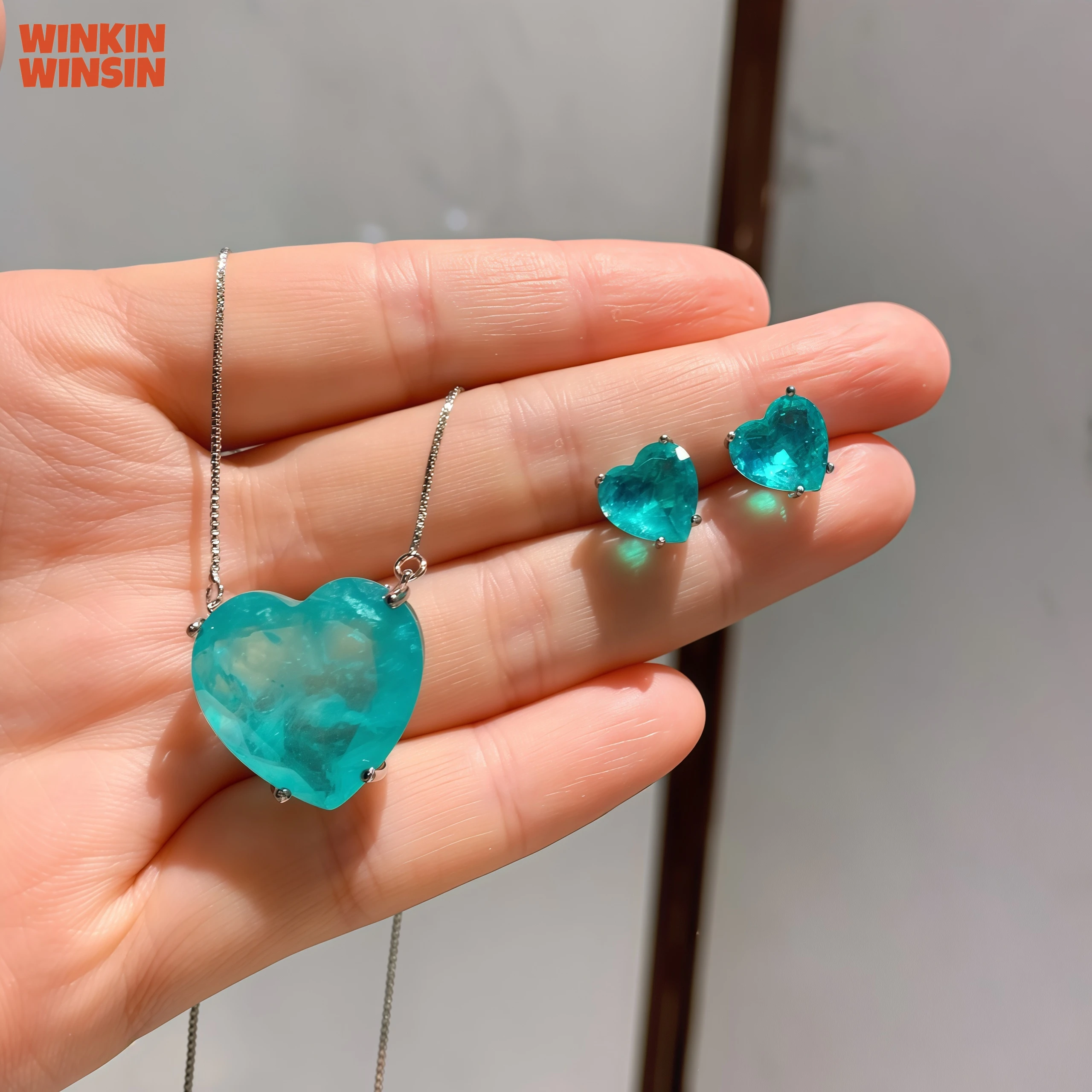 

WINKIN WINSIN Brand MCT Healthy Copper Jewelry Women's Inlaid Imitation Paraiba Heart Shaped Pendant Earrings Set