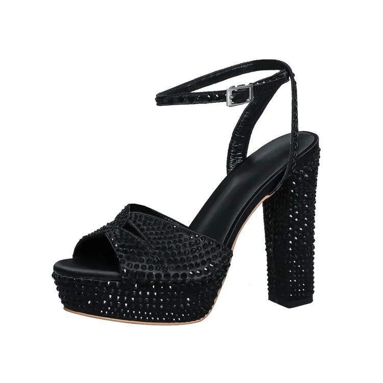 

European and American Black Mesh Women's Short Boots with Back Zipper, Fashionable Thick Heel Boots, Water Platform High Heels