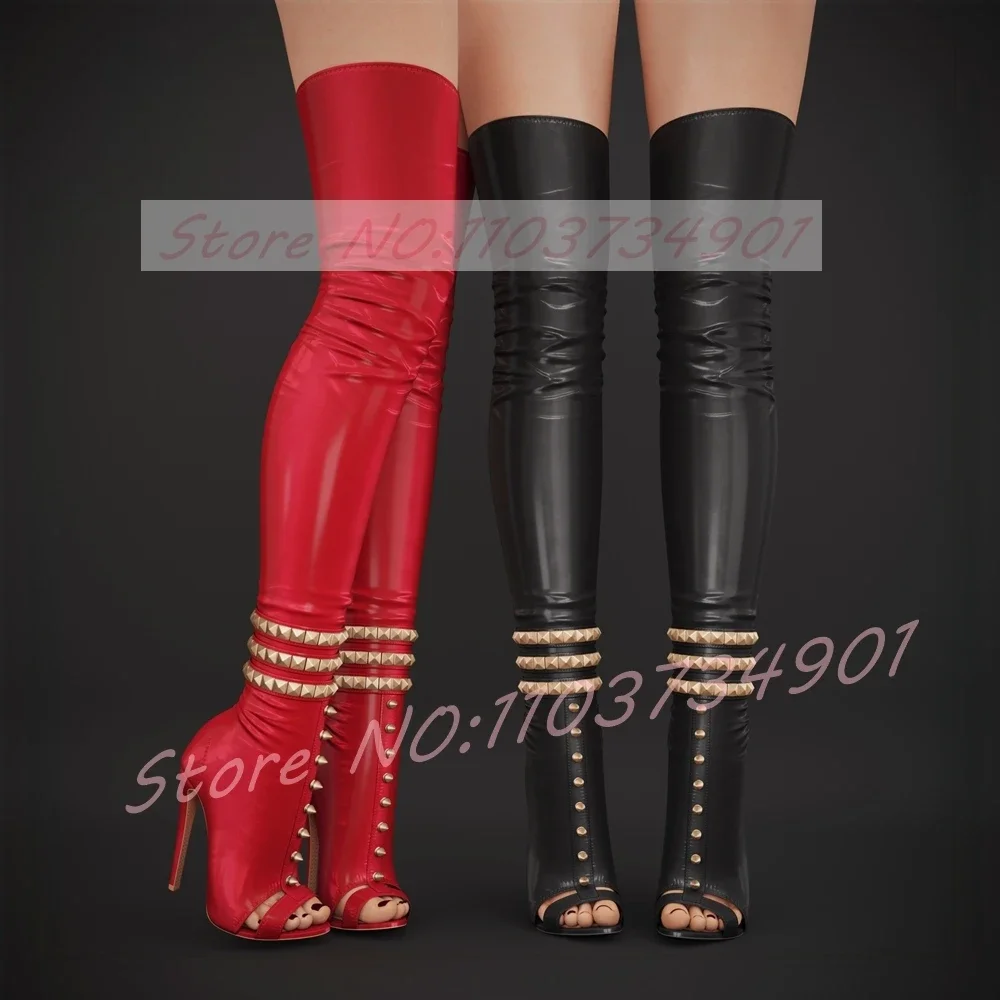 

Women's Thigh High Boots Sexy Gold Rivets Openwork-Toe Pointed-Toe Red Stretch Boots Female Punk Leggy Stiletto High Heels Boots