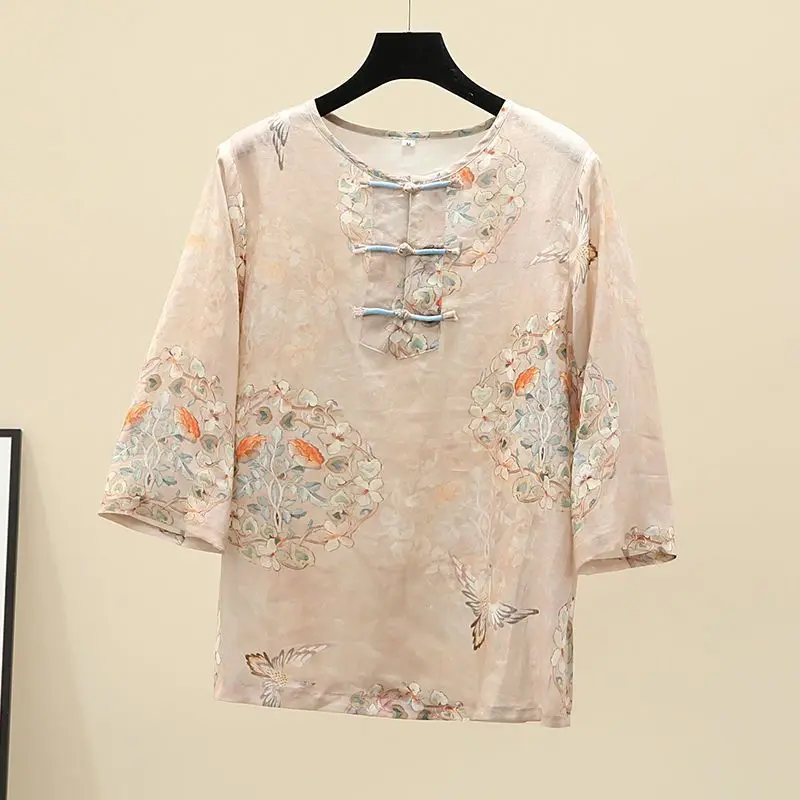 Chinese Style Three Quarter Sleeve O-Neck Hydrangea Pattern Printing Vintage Disc Buckle Design Thin Women Shirt Cotton Linen