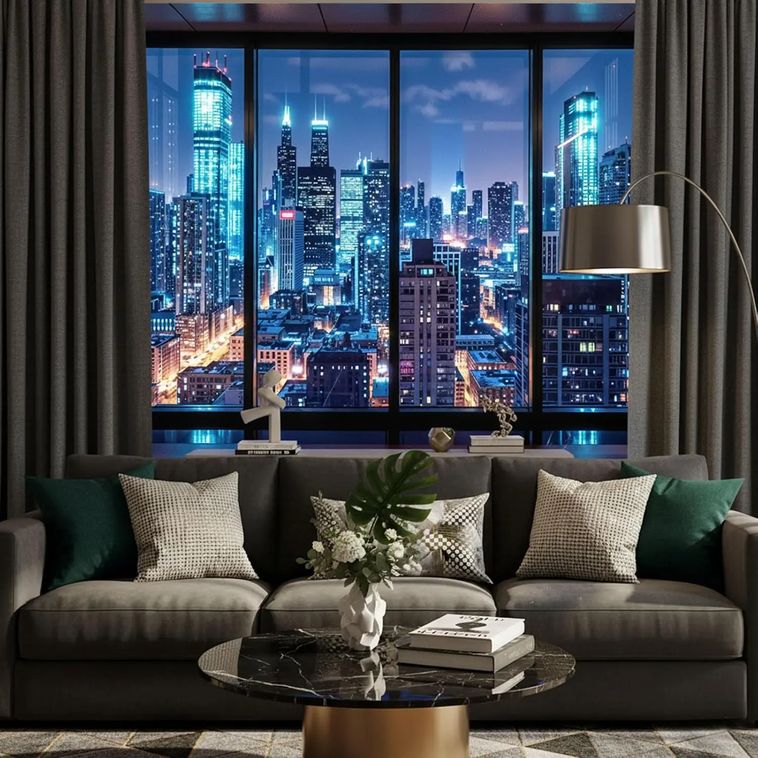 Städtische Nachtfenster-Tapisserie, Cyberpunk-Wolkenkratzer-Wandbild, Blaue Neon-Urban-View-Wanddekoration für Schlafzimmer und Wohnzimmer – Detail 2
