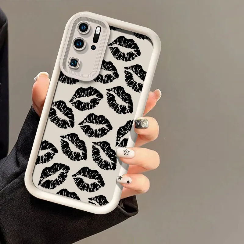 Soft Silicone Phone Case For Huawei P30 P50 P20 P40 Pro Lite Black Lips Kiss Print Camera Lens Protection Shockproof Cover Coque
