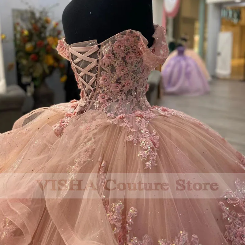 فستان كوينسيانيرا وردي مكشوف الأكتاف فستان حفلة فستان مزين بالدانتيل مطرز على شكل قلب حلو 16 Vestidos De Fiesta