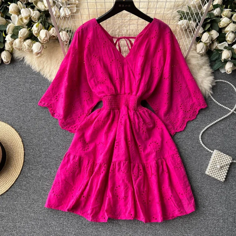 

White/Purple/Blue V Neck Summer New Lace Embroidery Dress Women Short Sleeves Dresses Female Vintage Party Beach Midi Dresses