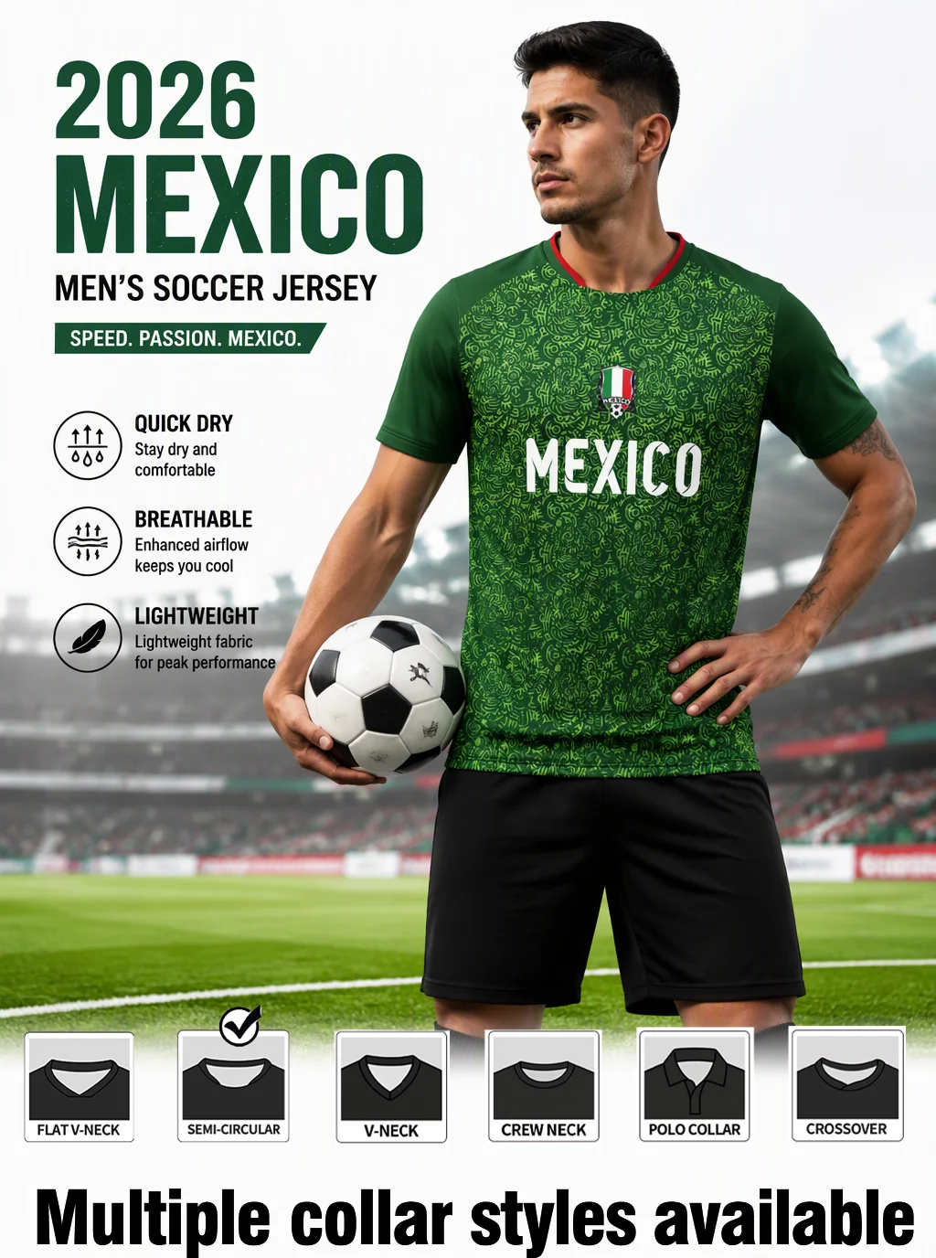 Forest‑green trendy short‑sleeve football jersey with bold MEXICO print, soft lightweight for match play and casual daily wear