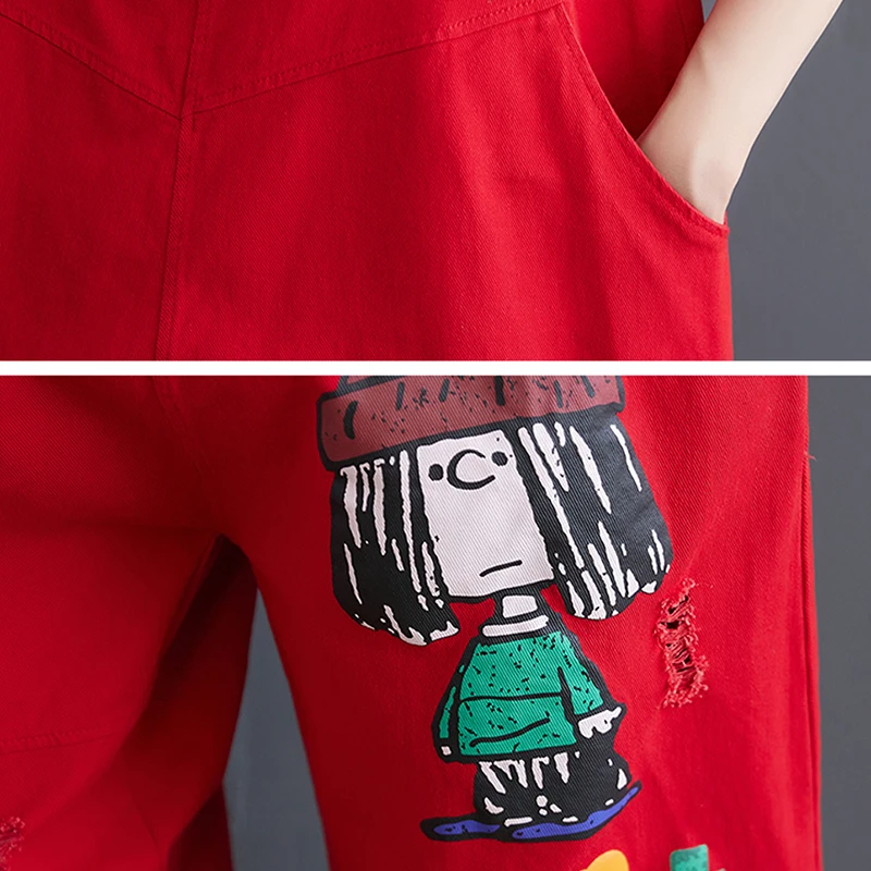 Summer Cartoon Print Denim Overalls Women Clothing Loose Fashion Hole Jumpsuits Female Red Jeans Rompers Streetwear 2022 New