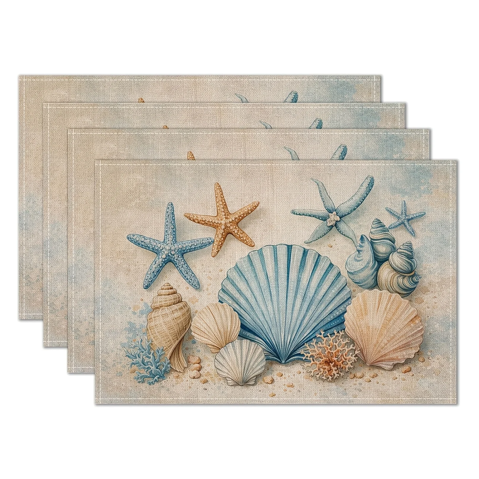 4/6/8pc Vintage Seashell Starfish Placemats Linen For Coastal Dinner Party Nautical Design Table Mat