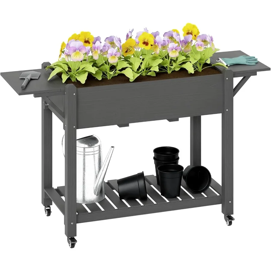 

Raised Garden Bed 57 x 20.5 x 34 in Wood Elevated Planter Box with Lockable Wheels Side Tables and Bottom Shelf Outdoor Raised