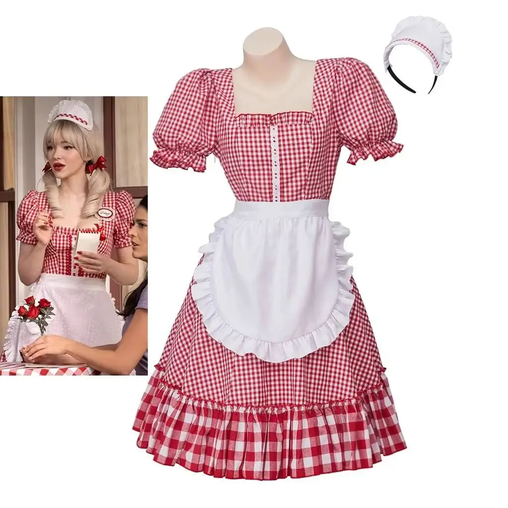 

Betsy Cosplay Musical Schmigadoon Maid Costume Women Red Plaid Waitress Dress Suit Tea Party Gown Theatre Stage Show Outfit
