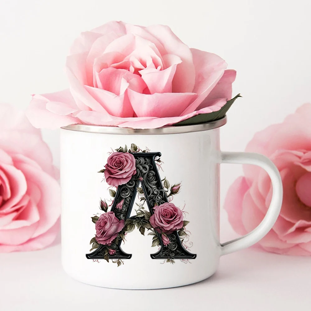 Initial Letter Monogram Floral Alphabet Coffee Cup Initial A-Z Coffee Enamel Mug Floral Alphabet Cup Birthday & Xmas Gifts