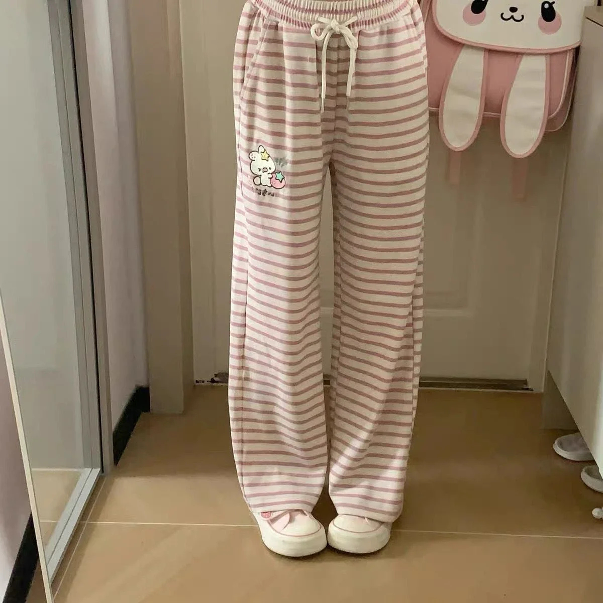 Sweatpants New Women Cute Kawaii Cutecore Stripes Harajuku Leisure Baggy Wide Leg Gray Joggers Y2K Streetwear Daily Pants