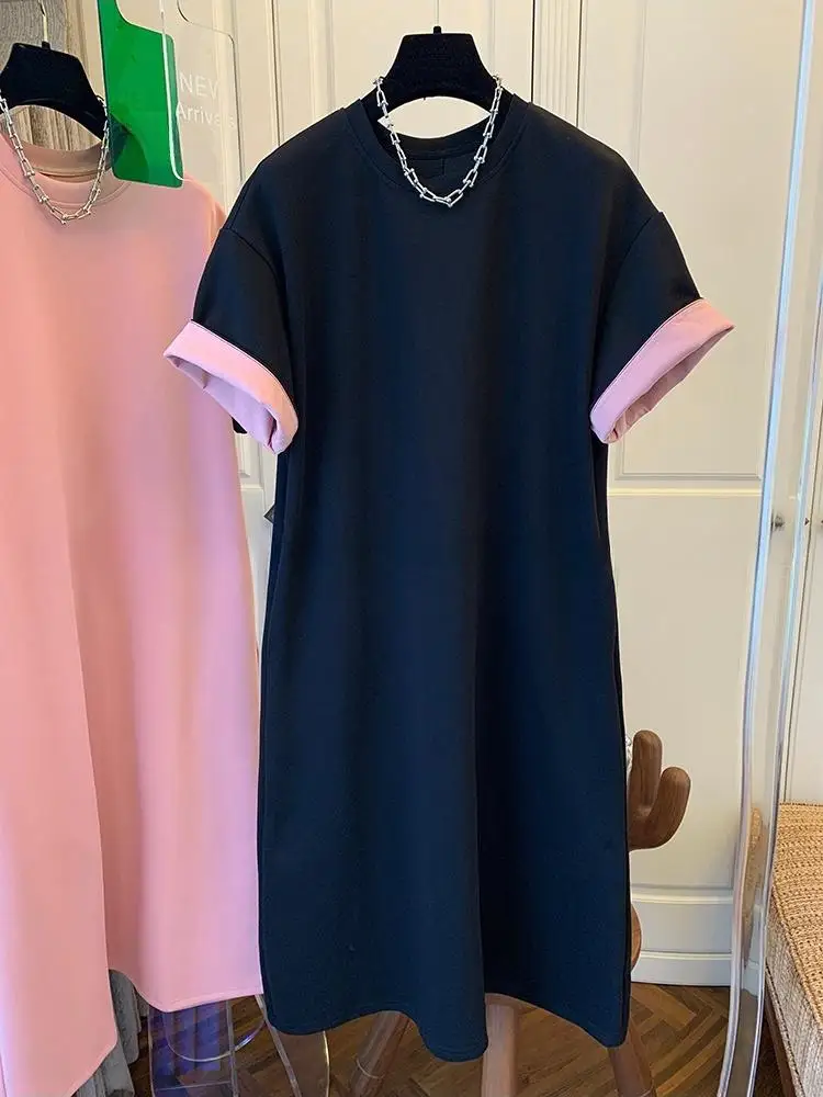 SuperAen ファッションハイエンドコントラストカラー半袖 Tシャツドレスルーズロングドレスオーバーサイズ 2025 夏の新作ドレス