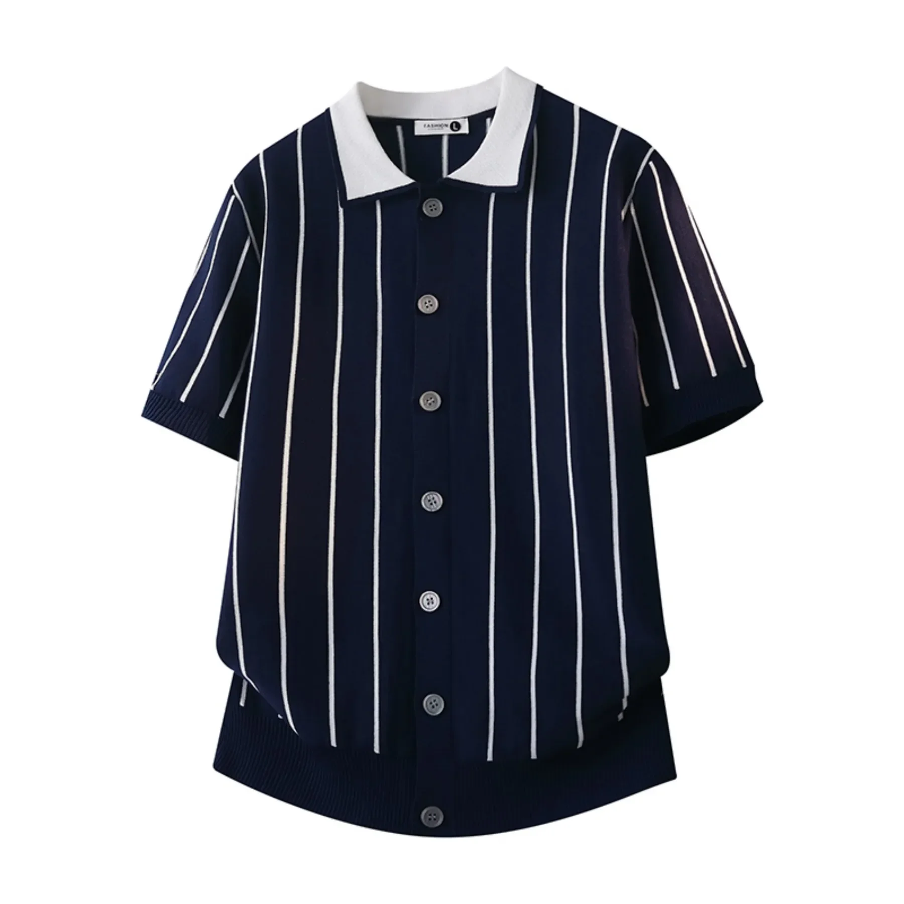 Men's Summer Two-Tone Striped Casual Knit Polo Shirt, Lapel Short Sleeve Cardigan Top, Stylish Business Knit Sweater view 4