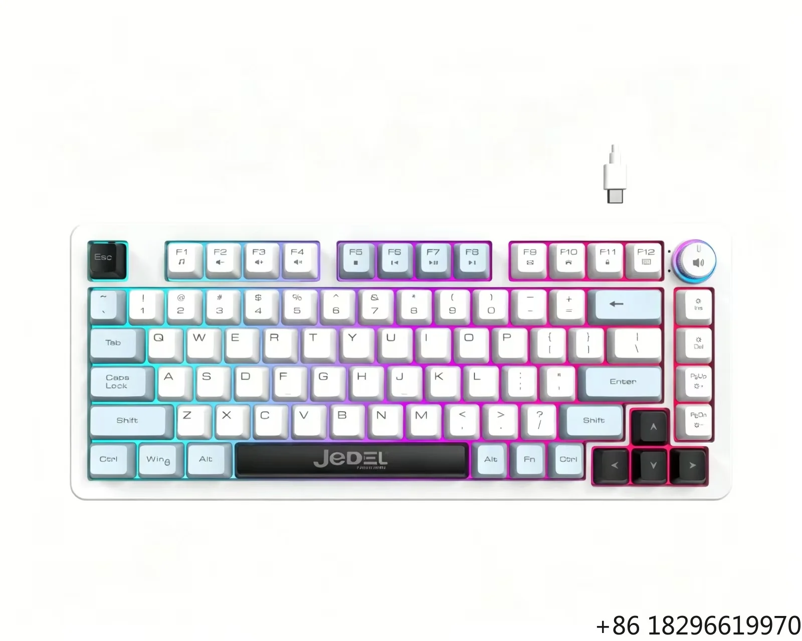 75% Wired Membrane Keyboard 3‑Color ABS Keycaps Rainbow Lighting with Knob Control Type‑C Cable