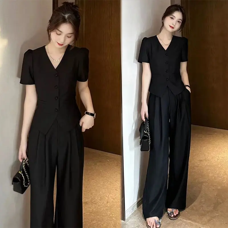 2024 Summer New Casual Sunscreen Slim Versatile and Fashionable Two Piece Women\'s Blouse Trousers Matching Set Commuting YC255