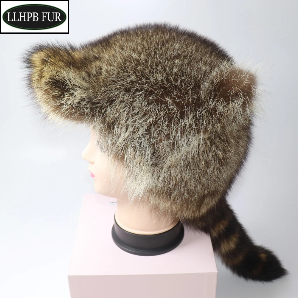 

New Women Natural Raccoon Fur Caps Ushanka Hat for Winter Thick Warm Ear Fashion Baseball Pom Pom Hat Lady Real Raccoon Fur Cap