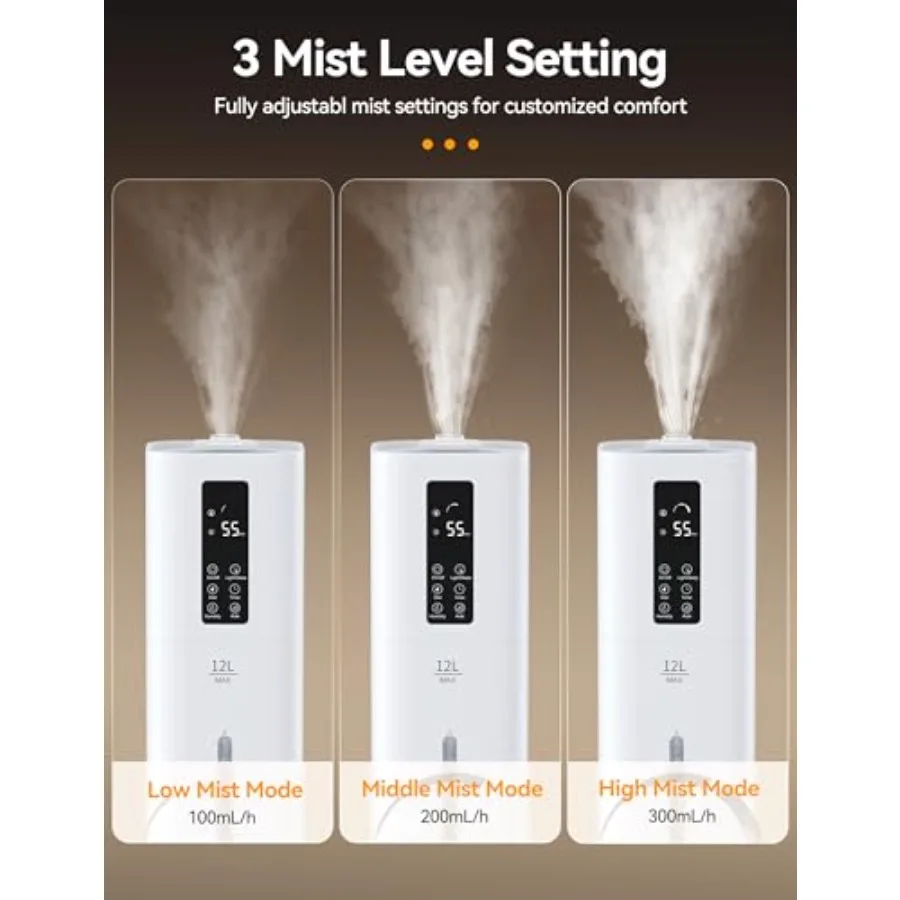 12L Ultrasonic Cool Mist Humidifier for Large Room Up to 1000ft Top Fill Design 3 Mist Levels 24H Timer Essential Oil Diffuser