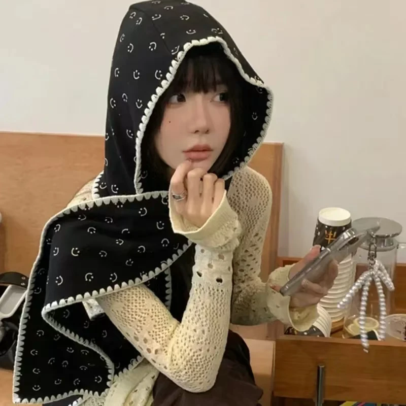 

Korean version winter hat beanies y2k versatile Cold proof warm keeping cute Smiling face print Hat scarf one-piece accessories