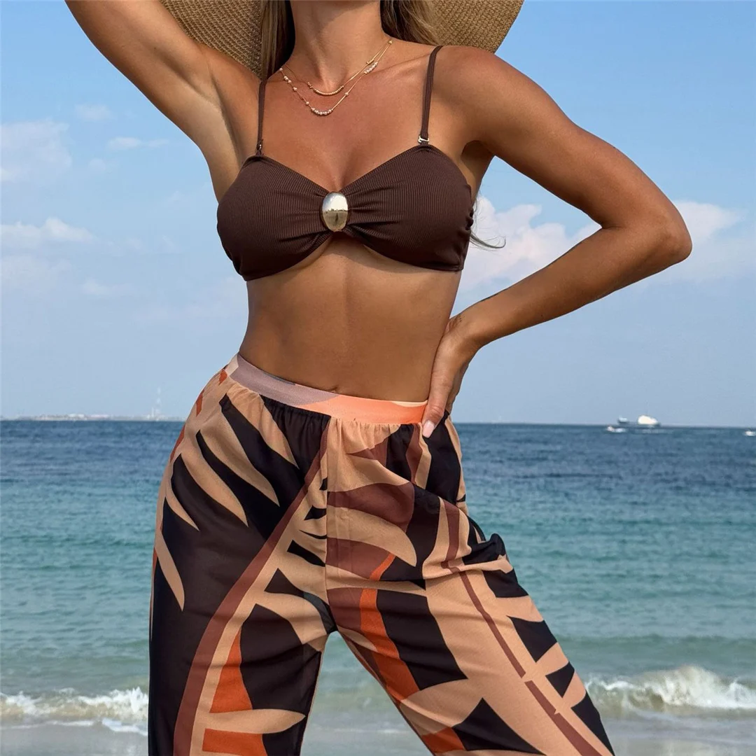 Mit bedruckten Hosen, Bikini, Damen-Badeanzug, dreiteiliges Bikini-Set, Damen-Badebekleidung, brasilianischer Badeanzug mit Polsterung, Badeanzug, Schwimmanzug V7083 – Detail 5