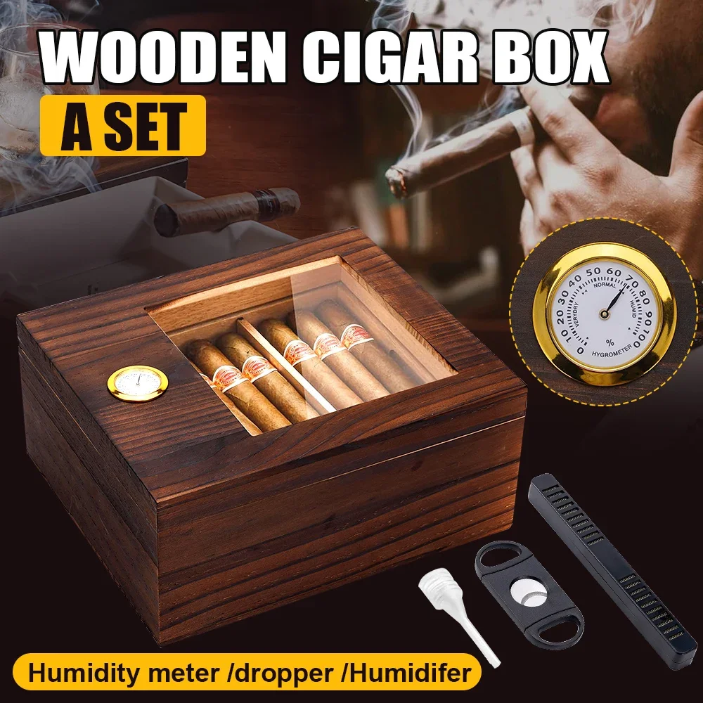 Wooden Glass Top Cigar Humidor Digital Hygrometer Humidifier Holds 20-50 Cigars Desktop Storage Box Gift for Cigar Lovers