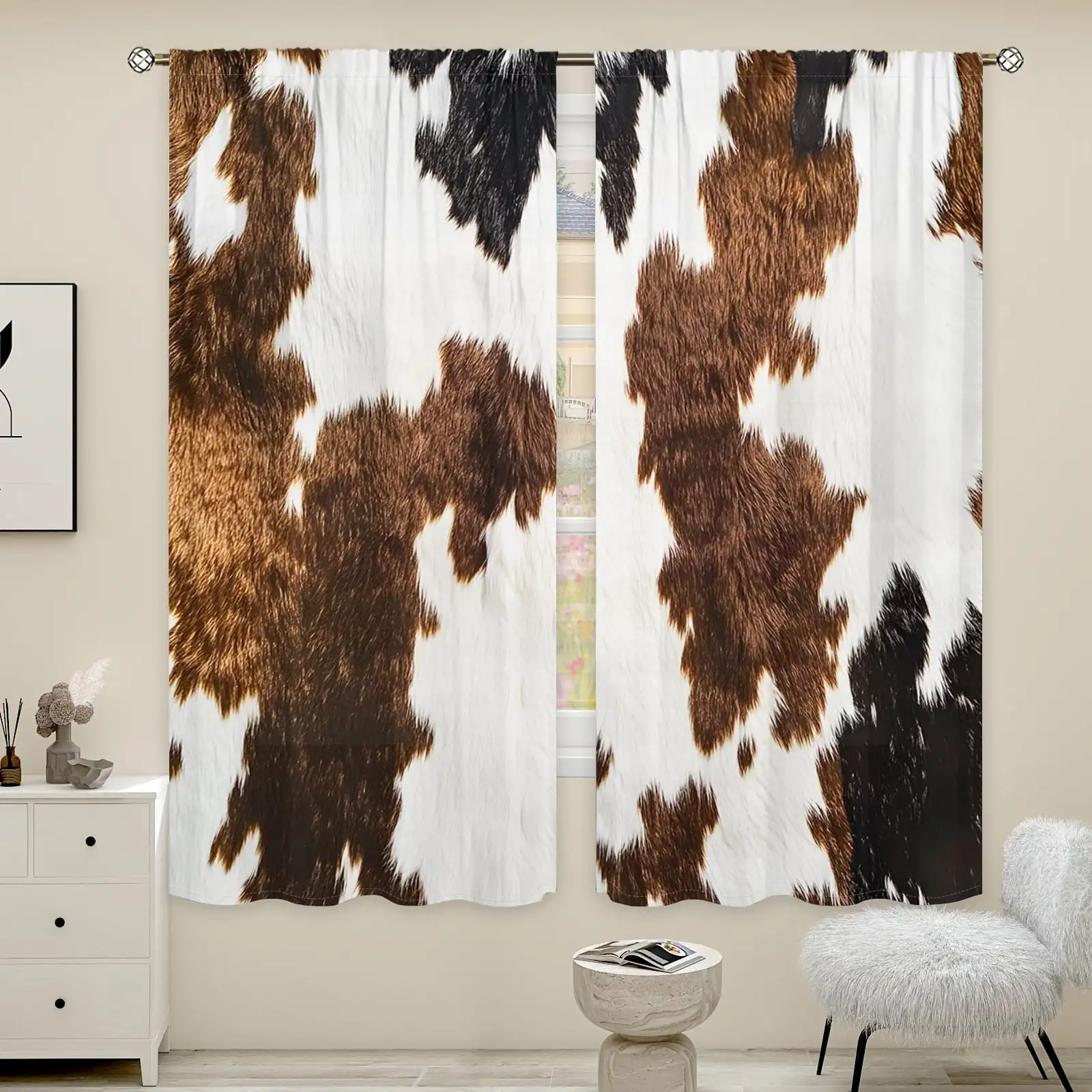 2pcs Curtains Peach Skin Polyester Realistic Cow Cowhide Pattern Light Filtering Bedroom Living Room Drapes