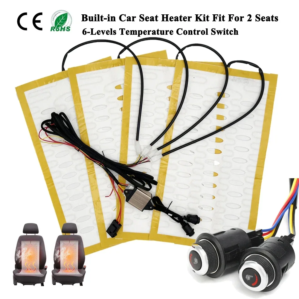 Built-in Car Seat Heater Kit Fit 2 Seats 12V Universal Alloy Wire Fast Heating Pads 6-Levels Round Control Switch System