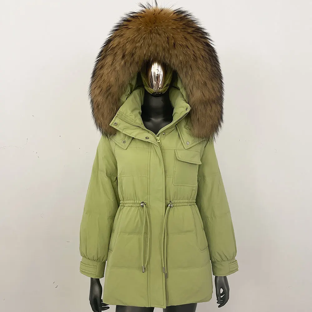 厚手の暖かいショート丈90%ホワイトダックダウンジャケットパーカーリアルファーコート女性用冬用天然ラクーンファーコートフード付きリアルファーコート