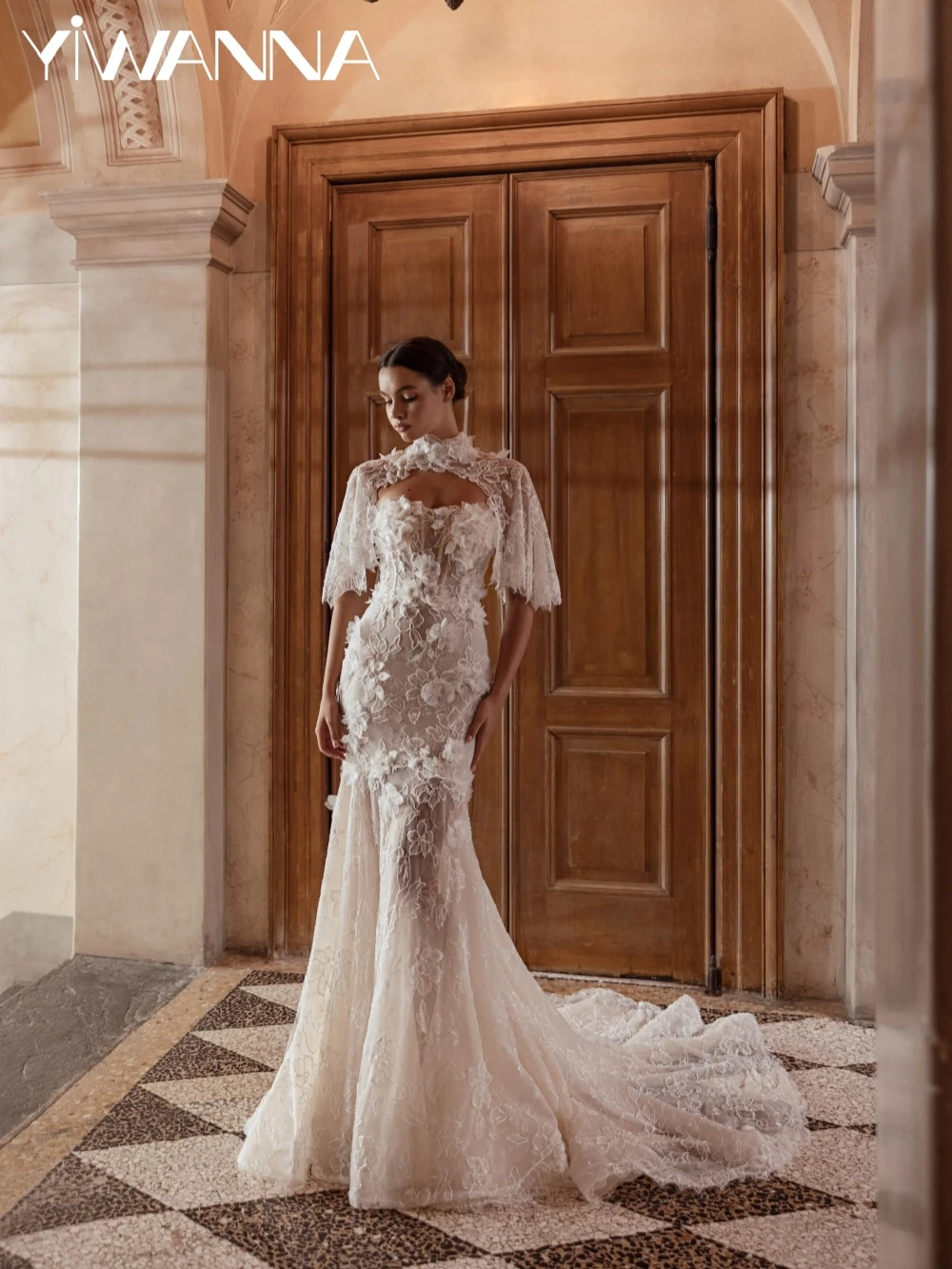 

Hand-made Beaded 3D Flower Wedding Dress Detachable Sleeve Illusion Mermaid Long Bridal Gown Customized Shiny Dresses For Bride