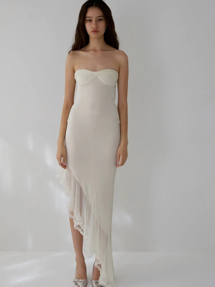

JULISSA MO Sexy Strapless Bandage Ruffle Women Maxi Dress Yellow Backless High Waist Dress Femme Summer Slim Elegant Beach dress