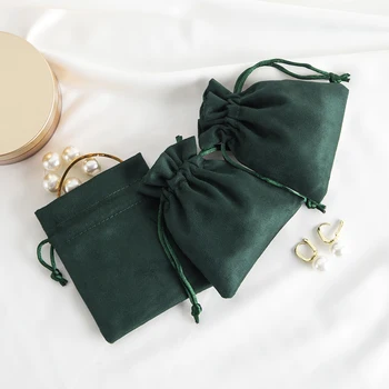 다크 그린 플란넬 쥬얼리 포장 가방, 작은 선물 드로스트링 파우치, 반지 목걸이 팔찌 펜던트 귀걸이 보관 자루, 10 개