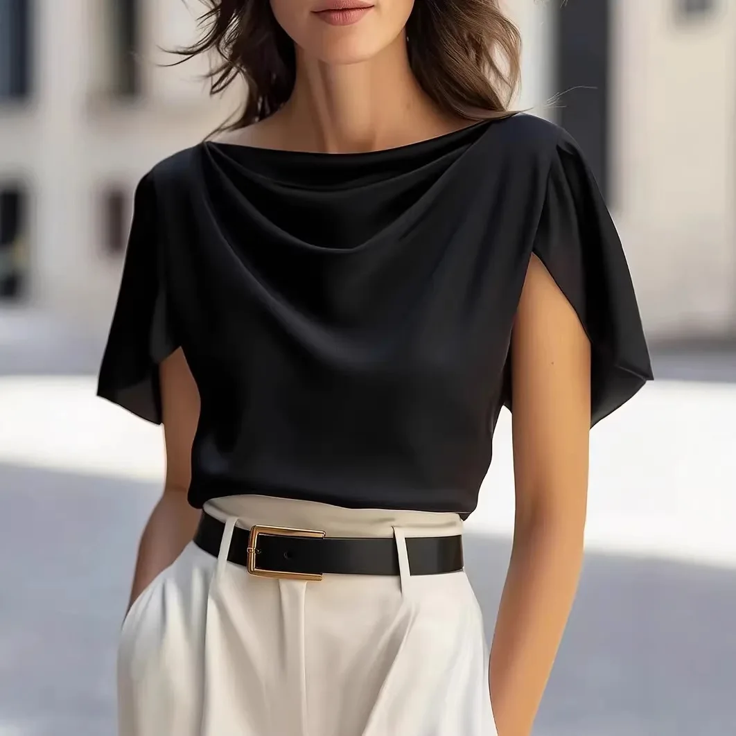 Fashioin Women's Satin Cowl Neck Short Sleeve Blouse Smooth Silk-Like Fabric Elegant Draped Neckline Top For Office Evening Wear view 2