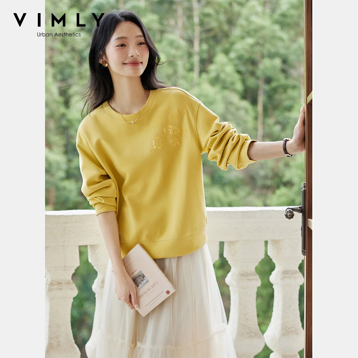 VIMLY Woman Sweatshirts Bead Embroider Round Neck Long Sleeve Ladies Tops Autumn 2025 Knitted Casual Sweatshirts Female A2171