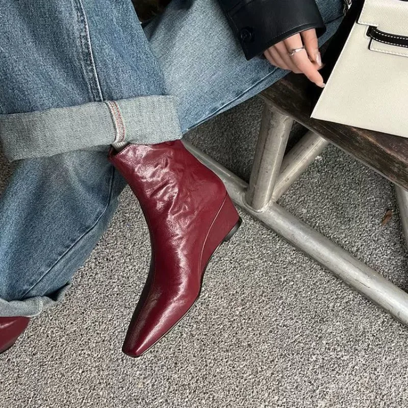 

Spring New Square Toe Women Ankle Boots Ladies Eelgant Wedges Heel Solid Chelsea Shoes Soft Leather Short Boots Botas Mujer