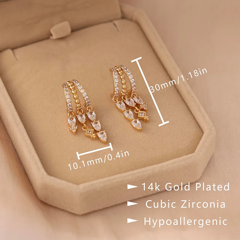14K vergoldete trendige Dreifach-Hängeohrringe für Damen, CZ-Wassertropfen-Ohrringe, zierliche hypoallergene Alltagsschmuckstücke, Partygeschenke – Detail 5