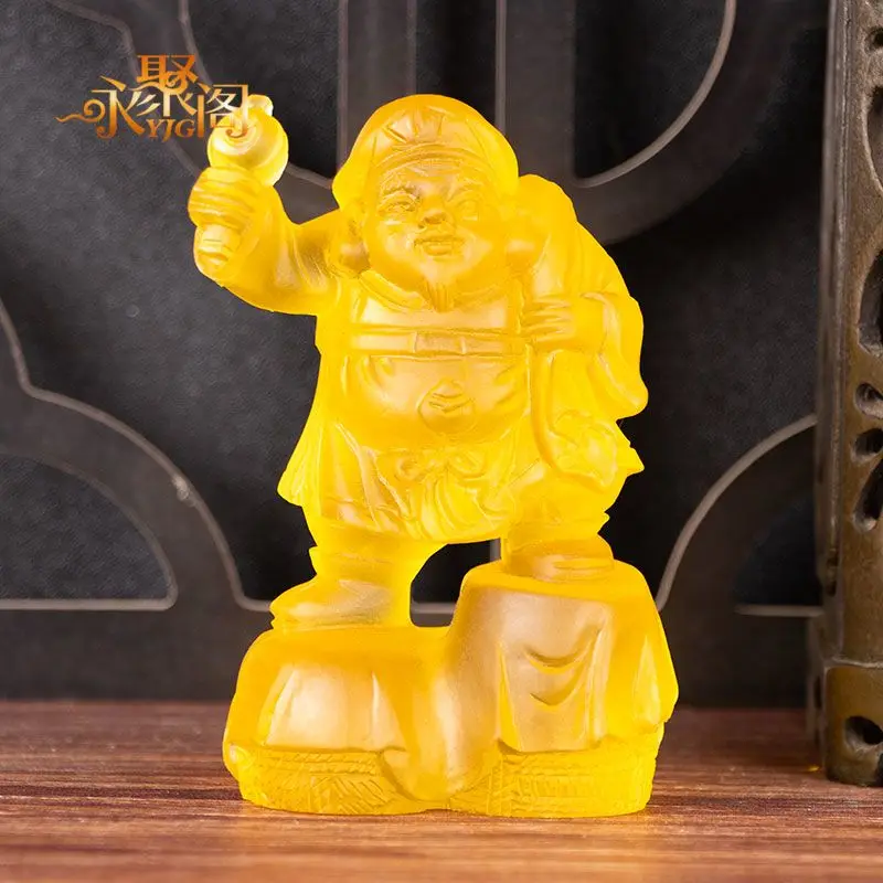 Seven Lucky Gods: God of Wealth Water-Blue Glass Artwork for Worship and Inviting Good Fortune