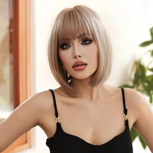 Peluca de cabello sintético con flequillo para mujer, postizo de fibra resistente al calor, color marrón claro, uso diario, fiesta