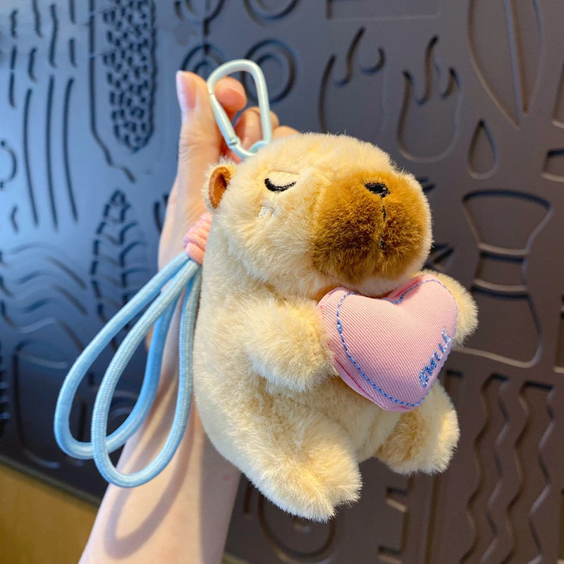 Cartoon Fluffy Pet Kapibala Closed Eye Hug Love Doll Key Chain Cute Orange Pink Flower Capybara Braided Rope Accessories Keyring