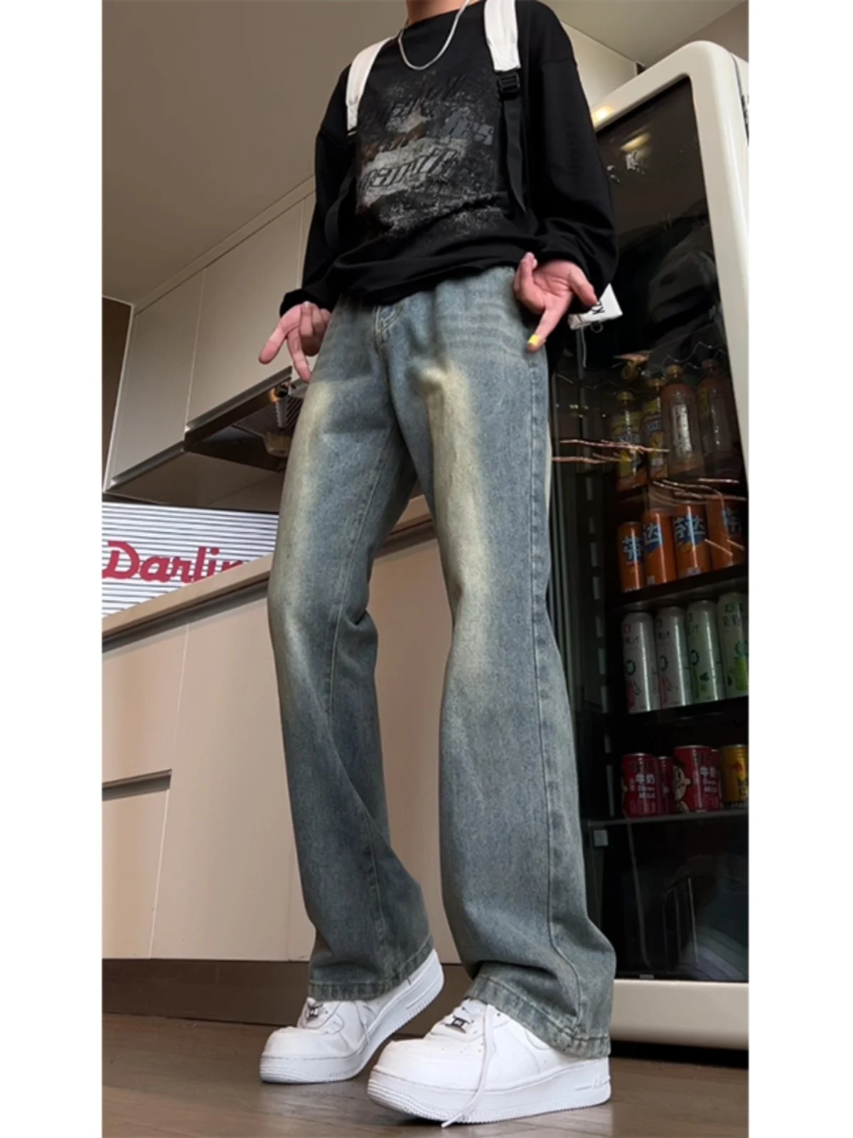 

Cleanfit High Waist Straight Leg Jeans Yellow Mud Color Men's Long Pants American Vibe Wide Leg Trousers Youth Faion