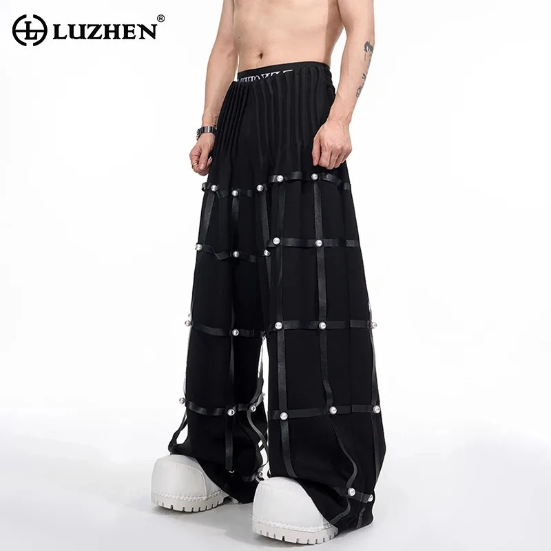 LUZHEN カジュアルオリジナルワイドプリーツデザインレッグレザーパッチワークトラウザーズメンズ2025新作無地ストリートストレートパンツJY4745