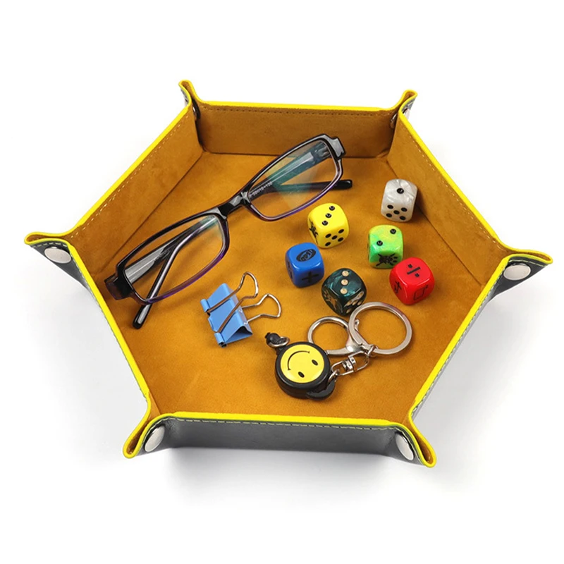 Foldable Dice Tray Holder Box PU Leather Folding Hexagon Coin Square Tray for RPG Role Playing Table Board Game Desktop Storage